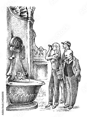 Tourists are exploring the European landmark. The woman takes a picture with the camera. Antique fountain. The visitor looks at the Urban architecture. Vintage old illustration 