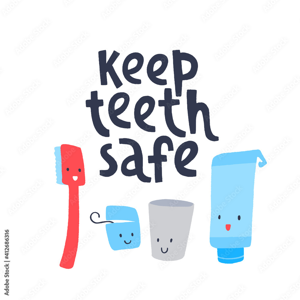 Cartoon illustration with hand drawn vector lettering and cute teeth ...