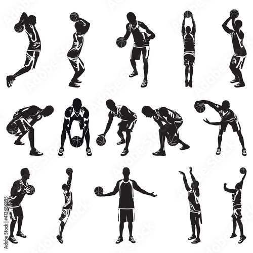 Basketball player silhouettes, vector illustration. Dribbling, bouncing, passing, shooting ball, free throw, slam dunk.