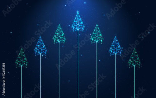 Group of polygon paper plane leadership competition concept on blue background. Innovative solution creative business competition concept futuristic vector illustration.