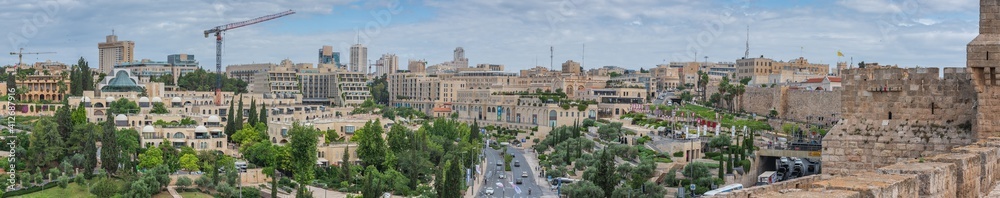 Streets in Jerusalem near the Old City. Top view of the city. City landscape Panorama