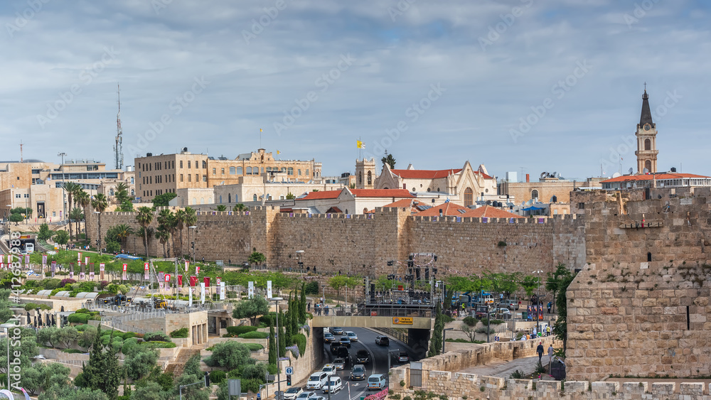 The wall of the Old City near the Jaffa Gate in Jerusalem. City landscape