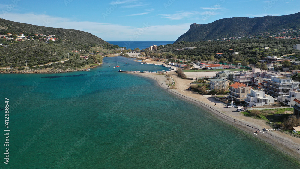 Aerial drone photo of famous beautiful seaside sandy beach area of Avlaki in Porto Rafti, Mesogeia, Attica, Greece