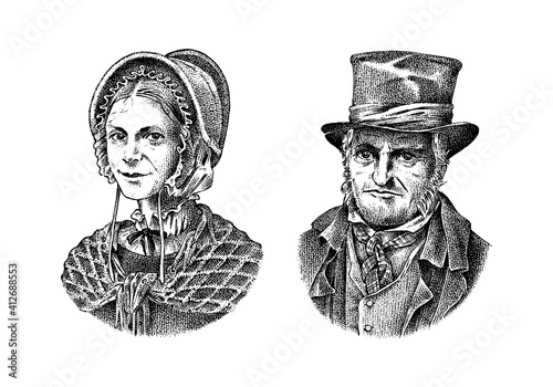 Old man and woman in a vintage suit. Poor peasant in a hat. Victorian era character, antique style. Engraved sketch.