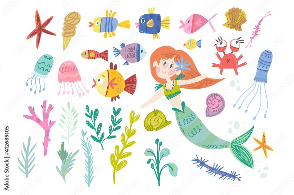 Lovely Vector Set of sea life characters and Princess Mermaid. Stock ...