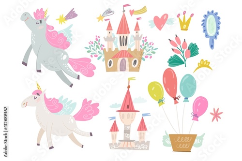 A lovely vector set of Unicorns and castles. Magical set of elements. Princess Magic Set. 