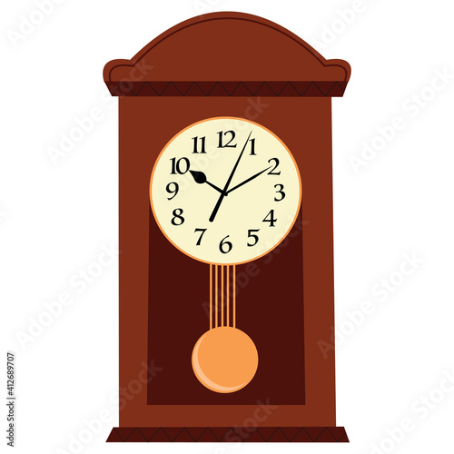 Wall clock with a pendulum in the old style. Vector interior item isolated on white background.