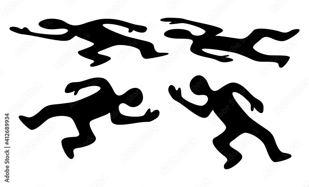 Victim body icon set. Black silhouette of dead man. Vector symbol of corpse isolated on white background. Victim body icon set. Black silhouette of dead man. Vector symbol of corpse isolated on white background.