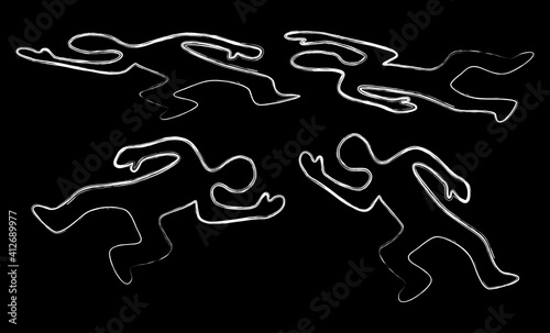 Dead body icon set. Chalk contour of murder victim figure. Killed human symbol isolated on black. Vector crime illustration.