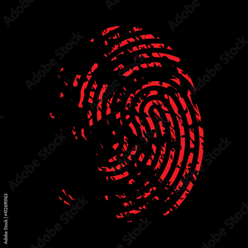 Bloody fingerprint icon. Murder biometrics mark illustration. Mystery criminal trace isolated on black background.