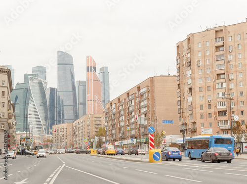 Moscow, Russia, Oct 26, 2020: Bolshaya Dorogomilovskaya street and International business center ("Moscow city"). Skyscrapers © olegkliucharev