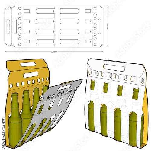 Packaging for four bottle of beer and Die-cut Pattern. The .eps file is full scale and fully functional. Prepared for real cardboard production.