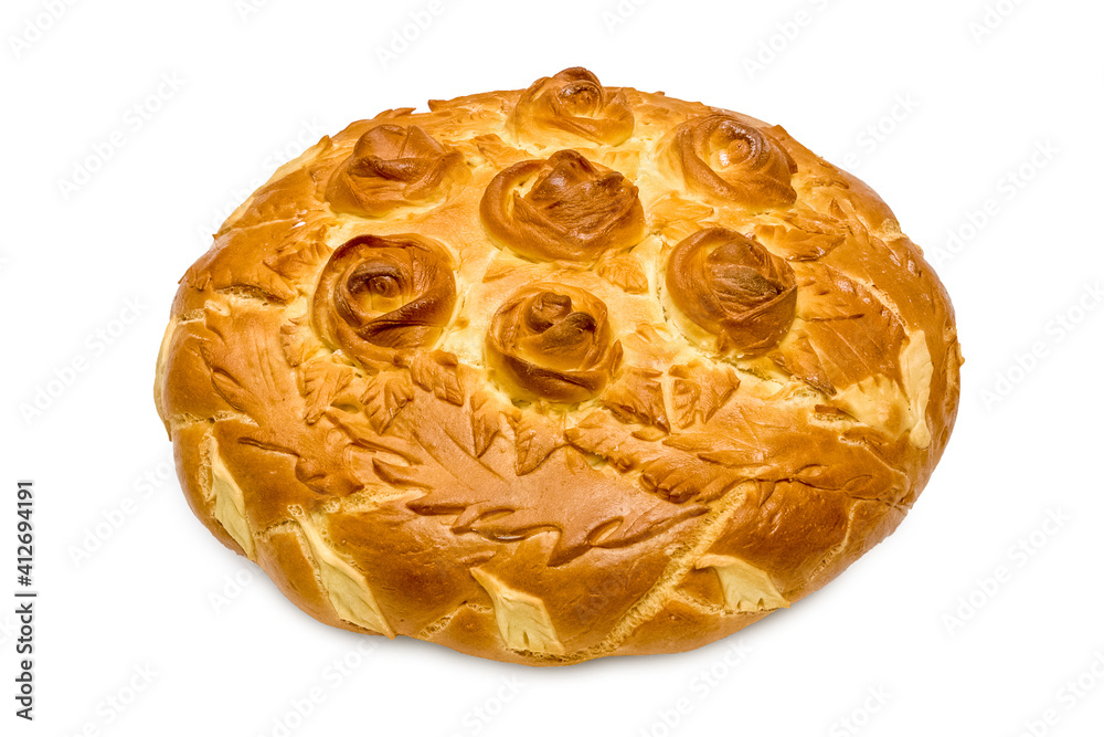 Freshly baked wheat bread. Isolated object on white background. Healthy baked bread. Whole bread on white