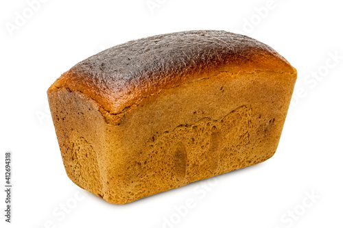 Obraz na płótnie Freshly baked rye bread. Isolated object on a white background. Healthy baked bread. One piece of bread on white w salonie