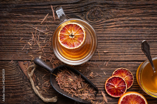 Medicinal Pau d'Arco bark tea also known as Lapacho in a glass cup