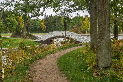 Chinese bridge at Column island in Monrepos park. Vyborg town. Russia