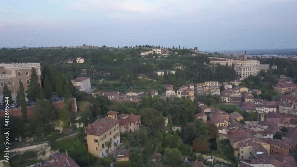 Center of Verona city in the evening from the sky. Aerial view of an ancient Italian city. Center of Verona city in the evening from the sky. Aerial view of an ancient Italian city.