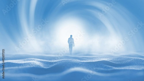 Back view of a walking person away smooth waves animation bright blue background white bright spot. Conceptual futuristic business technology with people.