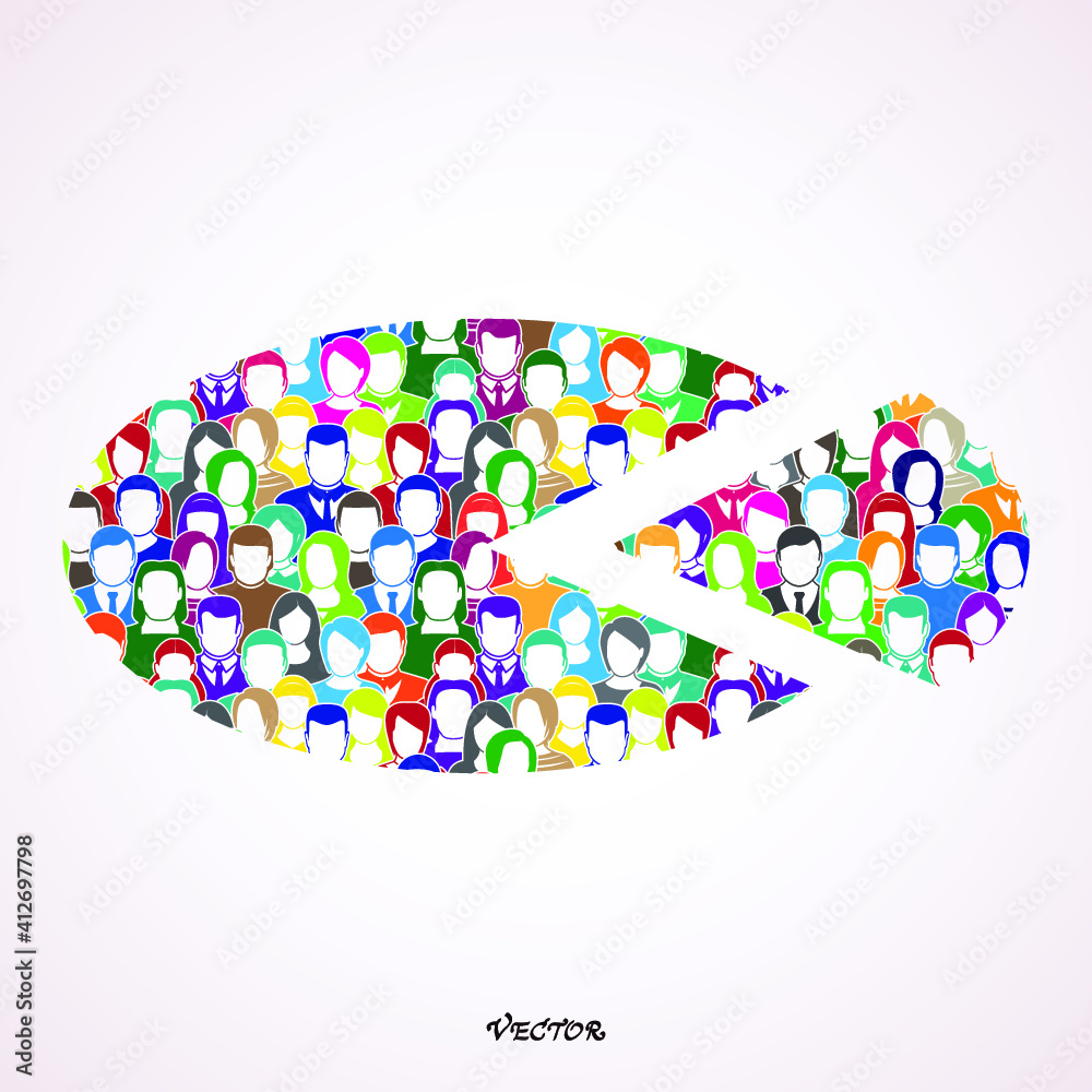 Flat isometric crowd of people forming silhouette of pie and separated piece vector illustration. isometry Social Segment concept. Flat isometric crowd of people forming silhouette of pie and separated piece vector illustration. isometry Social Segment concept.