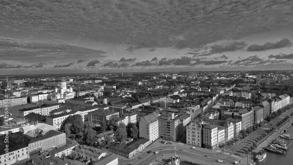 Aerial view of Helsinki skyline from Uspenski Cathedral