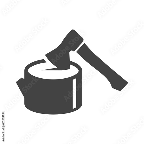 Hand hatchet of woodsman bold black silhouette icon isolated on white. Ax sticks out in tree stub.