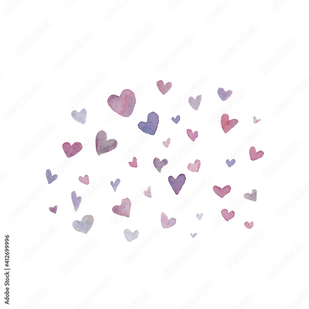 Set of watercolor heart in pink , purple and violet on a white background. Different shapes and sizes 35 hearts.