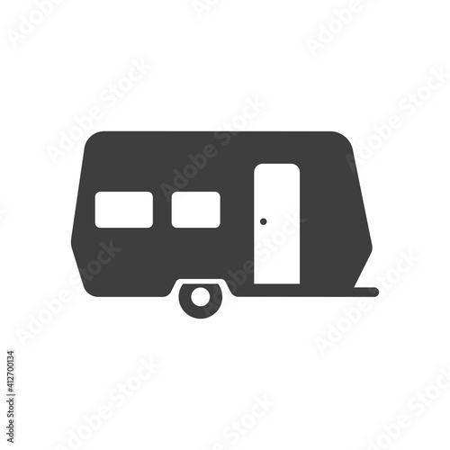 Camping, travel or camper trailer, caravan bold black silhouette icon isolated on white. Campervan.