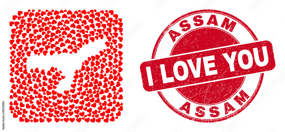 Vector mosaic Assam State map of lovely heart items and grunge love seal stamp. Mosaic geographic Assam State map constructed as subtraction from rounded square shape using love hearts. Vector mosaic Assam State map of lovely heart items and grunge love seal stamp. Mosaic geographic Assam State map constructed as subtraction from rounded square shape using love hearts.