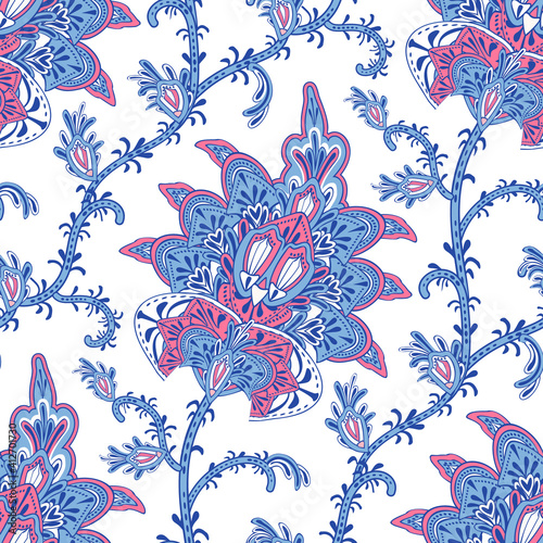 Embroidery seamless vector print with paisley flowers. Persian traditional apparel pattern using boteh. Floral buta background for clothes design, fabrics, textile, household items or handmade crafts