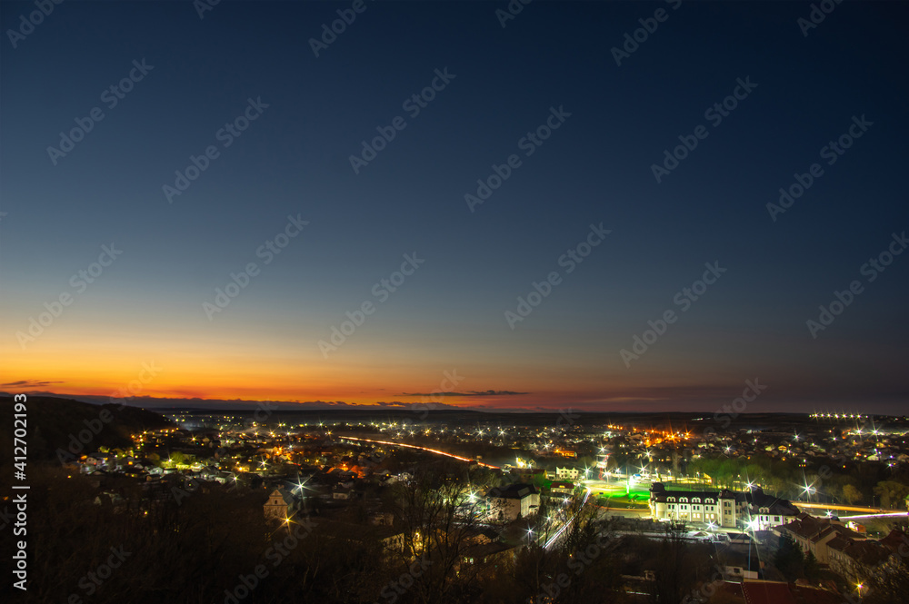 Beautiful city lights at dawn in the Ukrainian city