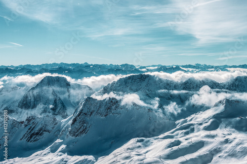 Mountain panorama from the viewing platform on the Zugspitze. German and Austrian ski areas.