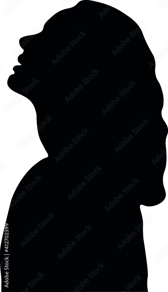 White woman, Western European woman portrait profile picture from the side with shoulders long hair. Isolated realistic silhouette, shadow picture