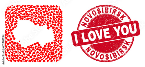 Vector mosaic Novosibirsk Region map of love heart items and grunge love seal stamp. Mosaic geographic Novosibirsk Region map created as carved shape from rounded square shape with valentine hearts.