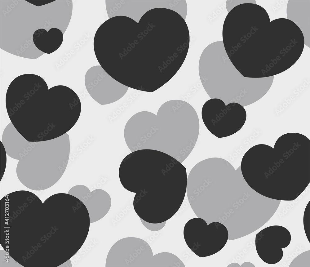 Fototapeta premium Endless seamless monochrome pattern of hearts of different sizes. Black and white vector hearts. Wallpaper for wrapping paper.