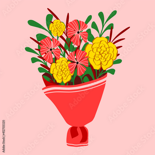 Bouquet of flowers and branches with leaves isolated on  pink background. Design for poster, banner, flyer, web, card, invitation, celebration, wedding, valentine's or mother's day, 8 martch. photo