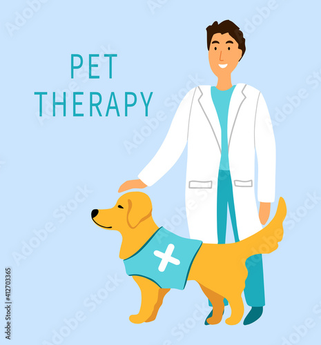 Male doctor with service dog golden retriever for pet therapy, vet clinic. Canis therapy cartoon style isolated on blue background. Friendly dog in t-shirt with white cross. Vector flat illustration.