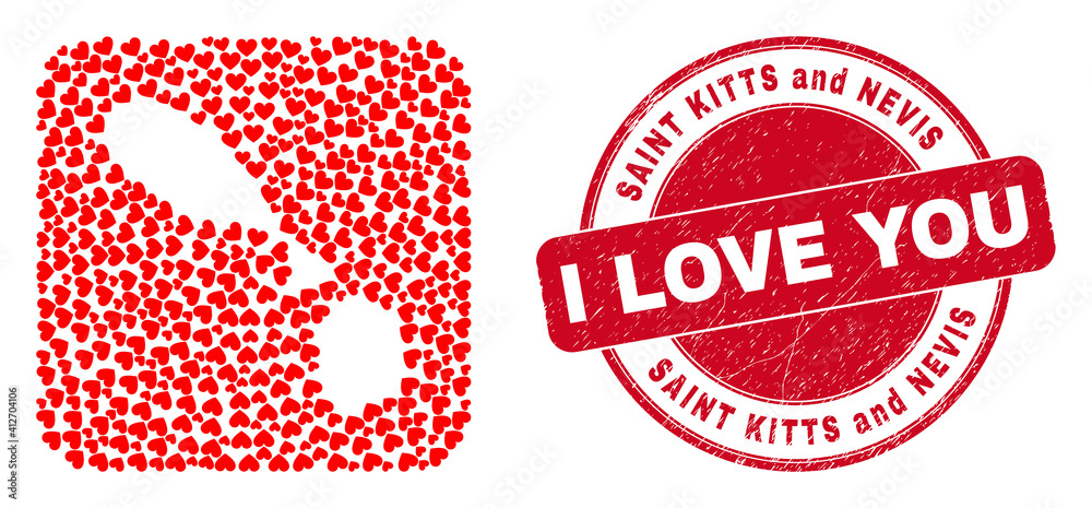 Vector collage Saint Kitts and Nevis map of love heart items and grunge love stamp. Collage geographic Saint Kitts and Nevis map created as carved shape from rounded square shape with lovely hearts. Vector collage Saint Kitts and Nevis map of love heart items and grunge love stamp. Collage geographic Saint Kitts and Nevis map created as carved shape from rounded square shape with lovely hearts.
