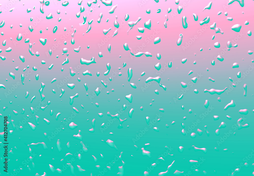 Abstract pink and mint color gradient background with droplets. Water drops with neon rose and and turquoise reflection. Trendy backdrop for your design