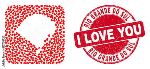 Vector mosaic Rio Grande do Sul State map of love heart elements and grunge love seal stamp. Mosaic geographic Rio Grande do Sul State map designed as stencil from rounded square using lovely hearts.