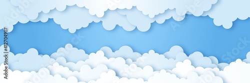 Clouds on blue sky banner. White cloud on blue sky in paper cut style. Clouds on transparent background. Vector paper clouds.White Cloud on blue sky paper cut design. Vector paper art illustration