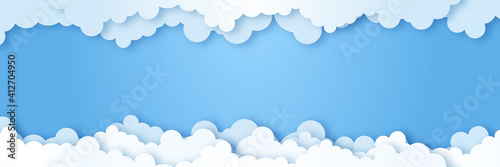Clouds on blue sky banner. White cloud on blue sky in paper cut style. Clouds on transparent background. Vector paper clouds.White Cloud on blue sky paper cut design. Vector paper art illustration