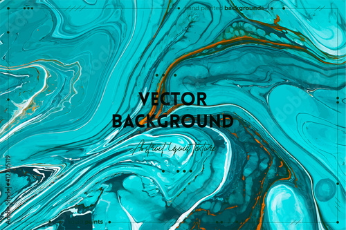 Fluid art texture. Abstract backdrop with swirling paint effect. Liquid acrylic artwork with artistic mixed paints. Can be used for baner or wallpaper. Turquoise, white and orange overflowing colors