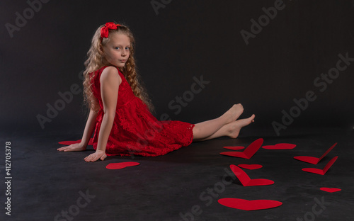 valentine valentine background, heart, on the floor hearts romance wedding. shape. copy space feeling, joy in red dress girl, barefoot
