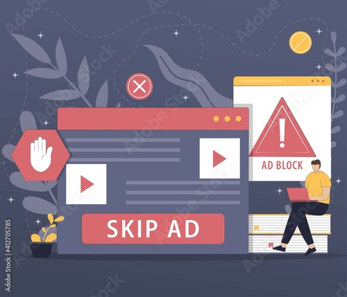 Adblock software vector illustration concept with character. website Adblock, anti-spam digital shield. Good for websites, landing pages, mobile applications, posters, and banners