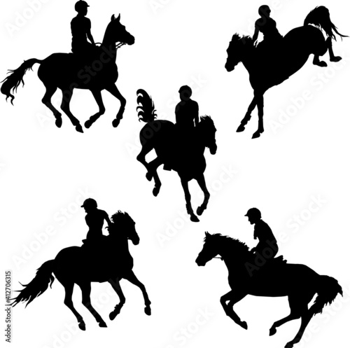 set of black silhouettes of sports horses and riders, show jumping, isolated on white background