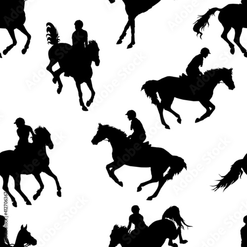 seamless background of black silhouettes of sports horses and riders, show jumping isolated on white background, endless equestrian pattern