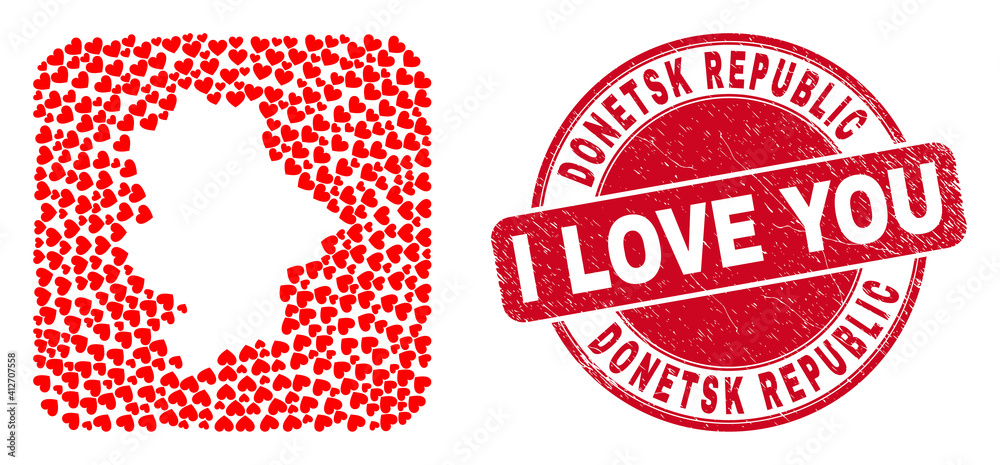 Vector mosaic Donetsk Republic map of valentine heart elements and grunge love seal stamp.