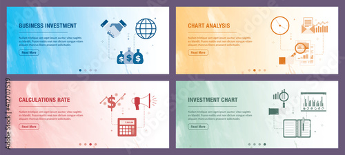 Vector set of vertical web banners with business investment, chart analysis, calculations rate and investment chart. Vector banner template for website and mobile app development with icon set. Flat d