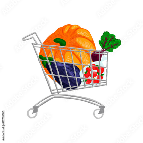 image grocery cart with a vegetables, pumpkin