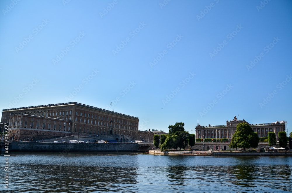 Beautiful view of Royal Palace located in Old town Gamla Stan on Stadsholmen island in Stockholm, Sweden